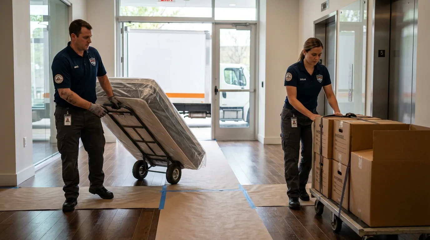 Professional apartment movers loading elevator in Mound Bayou, MS