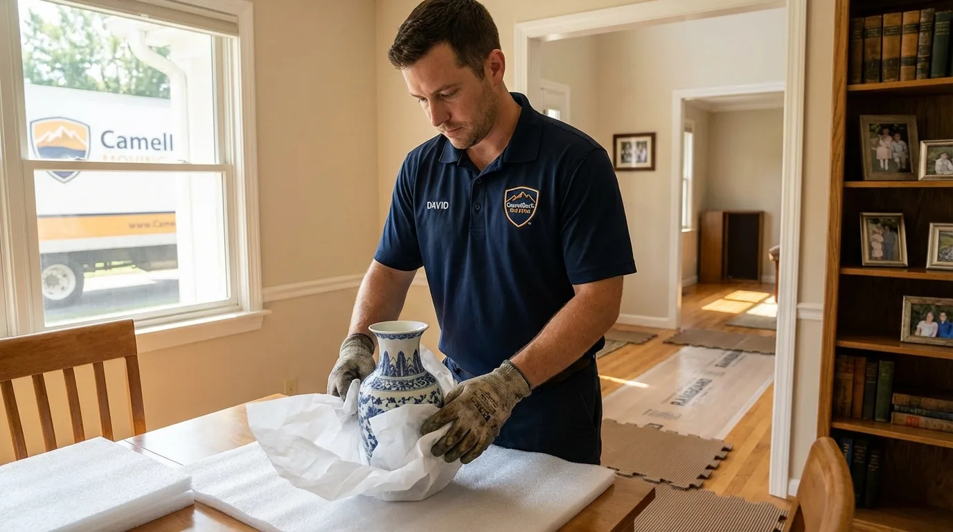Professional crew carefully wrapping antique vase for senior downsizing move in Mound Bayou, MS
